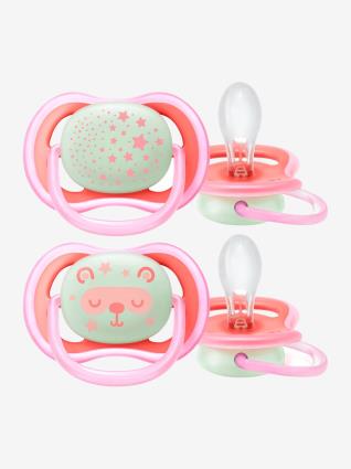 Lote de 2 chupetas de noite Ultra air 2ª idade, da Philips AVENT rosa claro liso com motivo 