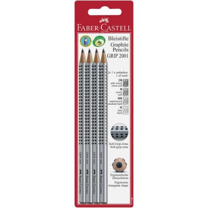 FABER-CASTELL Lápis de Grafite Grip 2001, Minas 2B, B, H, HB, Corpo Triangular Prateado com Pega