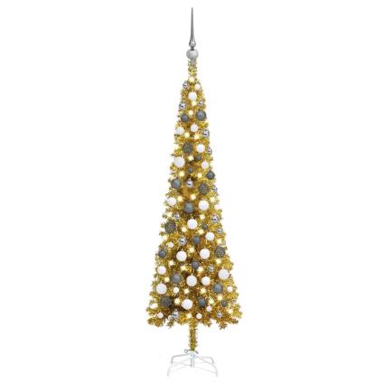 vidaXL Árvore de Natal fina com luzes LED e bolas 120 cm dourada