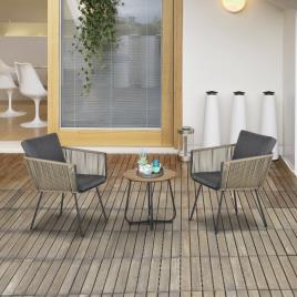 Conjunto de móveis de vime 1 mesa redonda e 2 cadeiras Poltrona com almofadas acolchoadas para varanda Aço cáqui e cinza