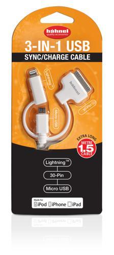 Cabo USB 3 EM 1 P/Lightning, 30 Pin e Micro-USB 1.5m (Branco) - HAHNEL