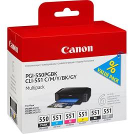 Pack de Tinteiros Canon PGI-550/CLI-551 - Preto | Ciano | Magenta | Amarelo | Preto | Cinzento