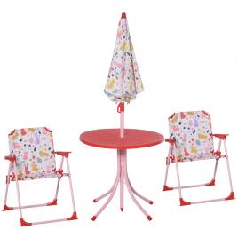 Outsunny Conjunto de mesa infantil Ø50x46 cm 2 cadeiras dobráveis ??39x38x52 cm e guarda-sol ajustável Ø100x100-125 cm para crianças acima de 3 anos Vermelho