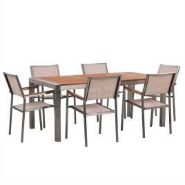 Conjunto de mesa com tampo em madeira de eucalipto 180 x 90 cm e 6 cadeiras creme GROSSETO