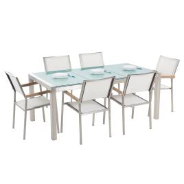 Conjunto de mesa com tampo triplo vidro temperado 180 x 90 cm e 6 cadeiras brancas GROSSETO