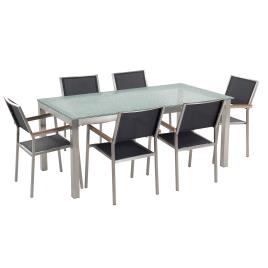 Conjunto de mesa com tampo em vidro temperado 180 x 90 cm e 6 cadeiras pretas GROSSETO