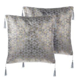 Conjunto de 2 almofadas decorativas com padrão geométrico 45 x 45 cm prateada CAMELLIA