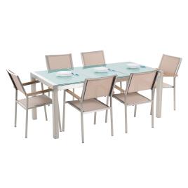 Conjunto de mesa com tampo triplo vidro temperado 180 x 90 cm e 6 cadeiras creme GROSSETO