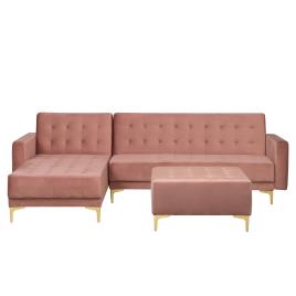 Sofá-cama de canto à direita com 4 lugares e repousa-pés em veludo rosa ABERDEEN