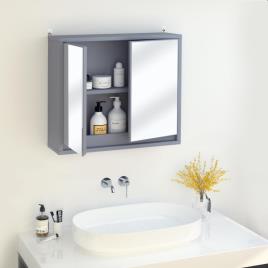 Armário de banheiro com espelho de parede com prateleira ajustável 3 níveis 2 portas 48x14,5x45 cm Cinza