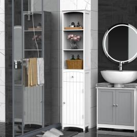 Armário de coluna multiuso branco para banheiro com prateleiras 34x24x170cm 3 prateleiras 1 porta e 1 gaveta