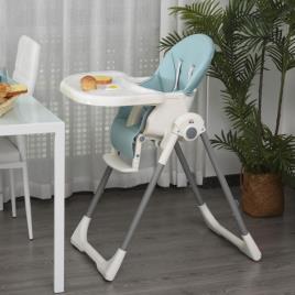 Cadeira de refeição ajustável e dobrável para bebê acima de 6 meses com bandeja dupla 2 rodas e freios 55x80x104 cm Azul