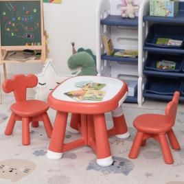 HOMCOM Conjunto de Mesa Infantil e 2 Cadeiras com Quadro Branco Multifuncional para Crianças acima de 12 Meses 64,4x52x45,6 cm Vermelho Coral