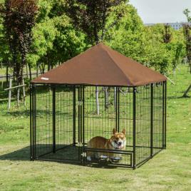 Parque para Cães com Toldo Suporte Giratório 2 Tigelas Incluídas para jardim 141x141x121cm Preto Marrom