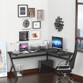 Secretária para PC Computador Secretária de canto angular para escritório 155x130x76cm Madeira preta