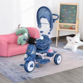 HOMCOM Triciclo infantil com toldo Barreira Apoio para os pés Luz e Música 93x51x94 cm Azul