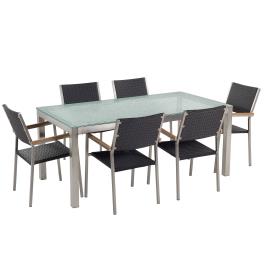 Conjunto de mesa com tampo em vidro temperado 180 x 90 cm e 6 cadeiras rattan sintético GROSSETO
