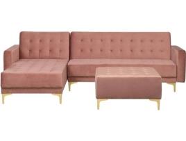 Sofá-cama de canto à direita com 4 lugares e repousa-pés em veludo rosa ABERDEEN
