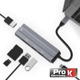 Hub USB-C P/ USB-C / 2xUSB / HDMI / Cartões SD PROK