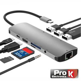 Hub USB-C P/ USB-C/ 3xUSB 3.0/ HDMI/Audio/ RJ45/Cartões SD