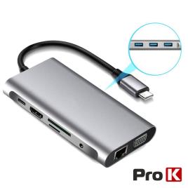 Hub USB-C P/ USB-C/ 3xUSB / VGA / HDMI / Audio/ RJ45/Cartões