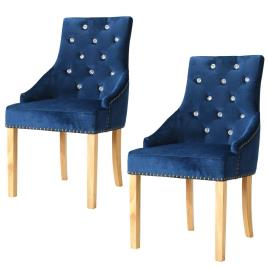 Conjunto 2 Cadeiras de Refeição  245513 Carvalho Maciço e Veludo Azul