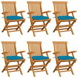 Cadeiras de jardim c/ almofadões azuis-claros 6 pcs teca maciça