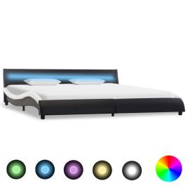 Estrutura cama c/ LEDs 180x200cm couro artificial preto/branco