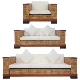 3 pcs conjunto de sofás com almofadões vime natural castanho