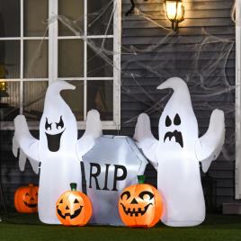 HOOMCOM Fantasmas Infláveis de Halloween com Luzes LED Decoração Inflável com Abóbora e Lápida para Interior Exterior 182x57x122cm Multicor