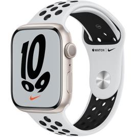 Apple Watch Nike Series 7 45mm - Alumínio Luz das Estrelas | Bracelete Desportiva Nike - Platina Pura | Preto
