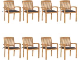 Conjunto 8 Cadeiras de Jardim VIDAXL Empilháveis c/Almofada 3073240 (60x57,5x90 cm - Madeira)