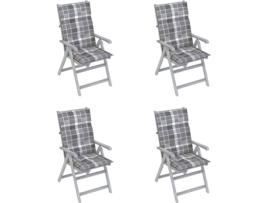 Conjunto 4 Cadeiras de Jardim VIDAXL Reclináveis c/Almofadas 3065406 (57x69x111 cm - Madeira de Acácia)
