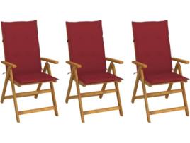 Conjunto 3 Cadeiras de Jardim VIDAXL Dobráveis c/Almofadas 3064098 (57x69x111 cm - Madeira)