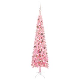 Árvore de Natal fina com luzes LED e bolas 180 cm cor-de-rosa