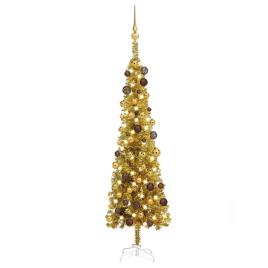 Árvore de Natal fina com luzes LED e bolas 120 cm dourada