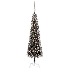 vidaXL Árvore de Natal fina com luzes LED e bolas 120 cm preta