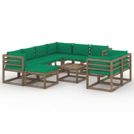 vidaXL 10 pcs conjunto lounge de jardim com almofadões verdes