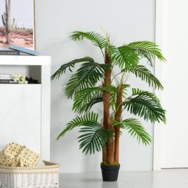 Outsunny Palmeira Artificial Planta Sintética de 120cm com Vaso 19 Folhas Realistas e 3 Troncos Decoração para Casa Escritório Exterior Verde