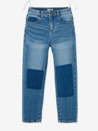 Jeans direitos com efeito de remendos, para menina azul medio liso com motivo
