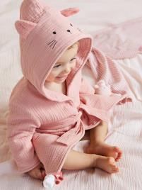 Roupão animal personalizável, em gaze de algodão bio*,  para bebé, Oeko-Tex® rosa medio liso