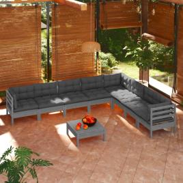 vidaXL 9 pcs conjunto lounge de jardim + almofadões pinho maciço cinza