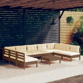 vidaXL 10pcs conj lounge jardim + almofadões pinho maciço castanho-mel