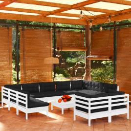 vidaXL 12 pcs conj. lounge de jardim c/ almofadões pinho maciço branco