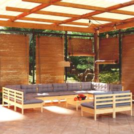 vidaXL 13pcs conjunto lounge de jardim + almofadões cinza pinho maciço