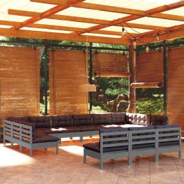 vidaXL 13pcs conjunto lounge de jardim + almofadões pinho maciço cinza
