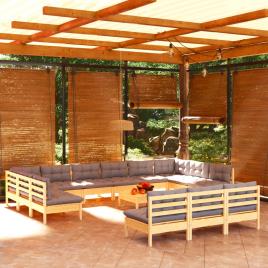 vidaXL 14pcs conjunto lounge de jardim + almofadões cinza pinho maciço