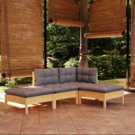 vidaXL 4 pcs conjunto lounge de jardim + almofadões cinza pinho maciço