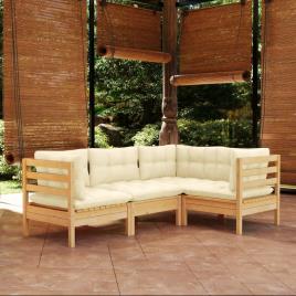 vidaXL 4 pcs conjunto lounge de jardim c/ almofadões cor creme pinho