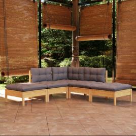 vidaXL 5 pcs conjunto lounge de jardim c/ almofadões cinza pinho